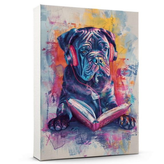 Hudo Mastiff Christmas Dog read Book Painting Wall Art, Cute dog Headphones - Funny Dog Canvas Poster for Kids' Room Decor Ready to Hang