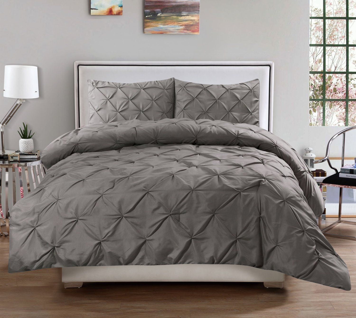 Hudson 3 Piece Pintuck Comforter Set Luxurious Pinch Pleat Wrinkle Resistant Oversized Bedding King Size Grey