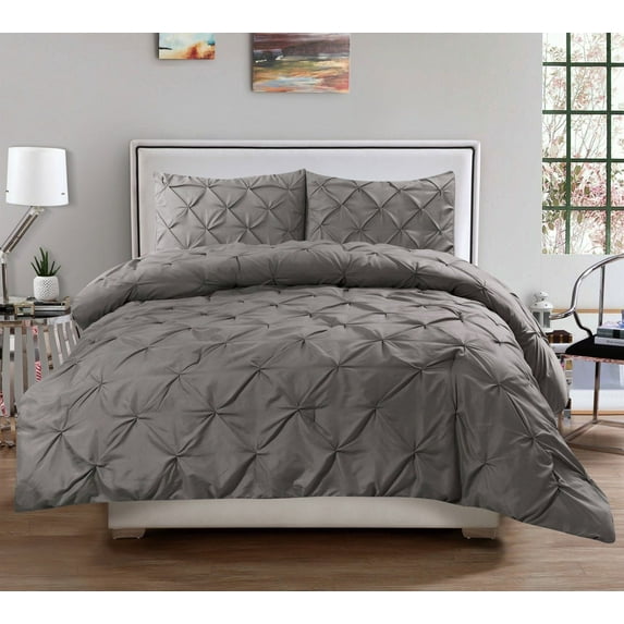 Hudson 3 Piece Pintuck Comforter Set Luxurious Pinch Pleat Wrinkle Resistant Oversized Bedding Queen Size - Grey