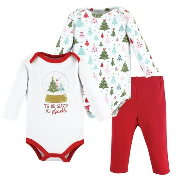 Hudson Baby Infant Girl Long-Sleeve Bodysuits and Pants, Red Sparkle Trees, 0-3 Months
