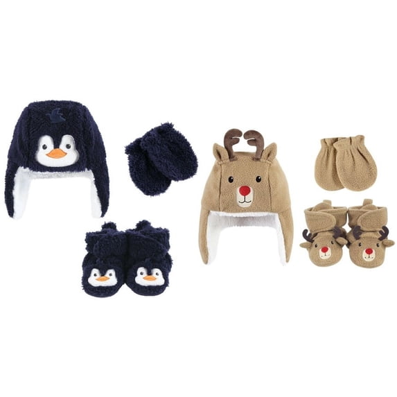 Hudson Baby 6Pc Trapper Hat, Mitten and Bootie Set, Navy Penguin Reindeer, 6-12 Months