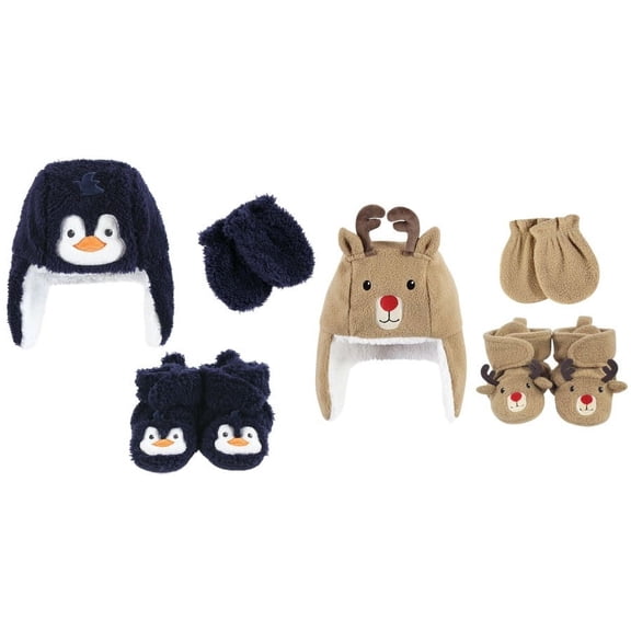 Hudson Baby 6Pc Trapper Hat, Mitten and Bootie Set, Navy Penguin Reindeer, 6-12 Months