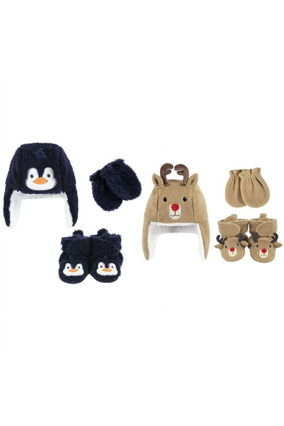 6Pc Trapper Hat, Mitten and Bootie Set, Navy Penguin Reindeer, 6-12 Months