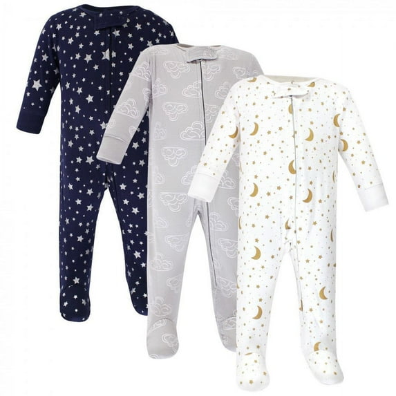 Hudson Baby Baby Cotton Zipper Sleep and Play 3pk, Navy Stars Moons, 3-6 Months