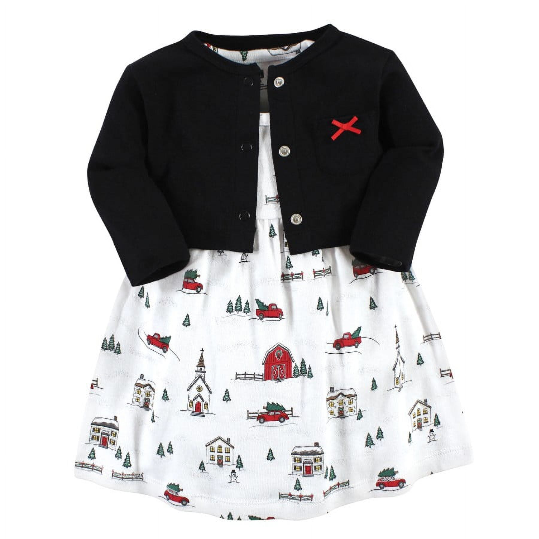 Hudson Baby Baby Girls Cotton Dress and Cardigan Set, Christmas Scene, 9-12 Months