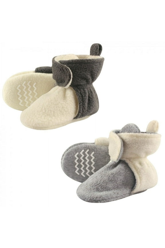Baby and Toddler Cozy Fleece Booties 2pk, Cream Gray, 0-6 Months