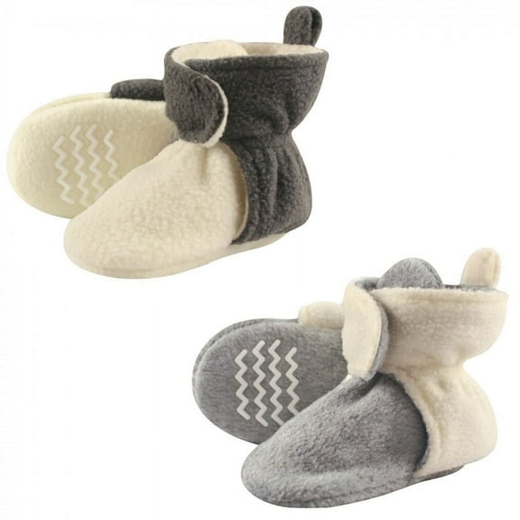 Hudson Baby Baby and Toddler Cozy Fleece Booties 2pk, Cream Gray, 12-18 Months