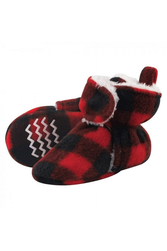 Baby and Toddler Cozy Fleece and Faux Shearling Booties, Black Red Plaid, 12-18 Months