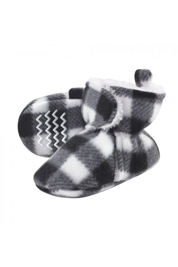 Baby and Toddler Cozy Fleece and Faux Shearling Booties, Black White Plaid, 6-12 Months