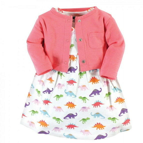 Hudson Baby Baby and Toddler Girl Cotton Dress and Cardigan Set, Girl Dinosaurs, 12-18 Months
