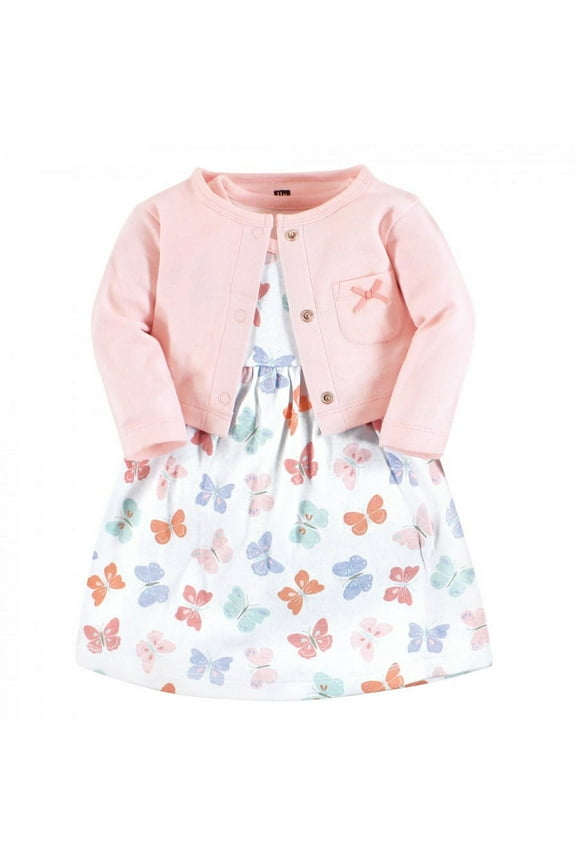 Baby and Toddler Girl Cotton Dress and Cardigan Set, Pastel Butterfly, 0-3 Months