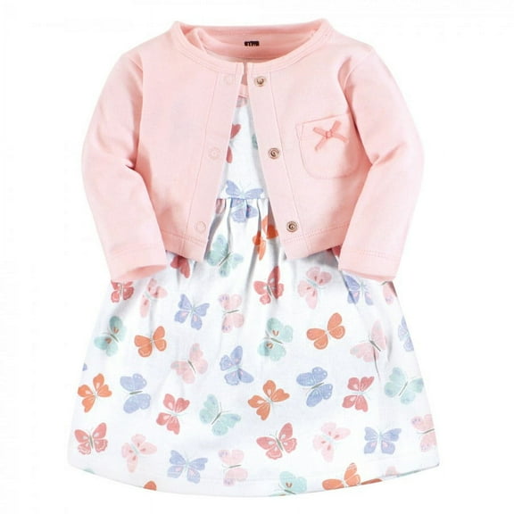 Hudson Baby Baby and Toddler Girl Cotton Dress and Cardigan Set, Pastel Butterfly, 9-12 Months