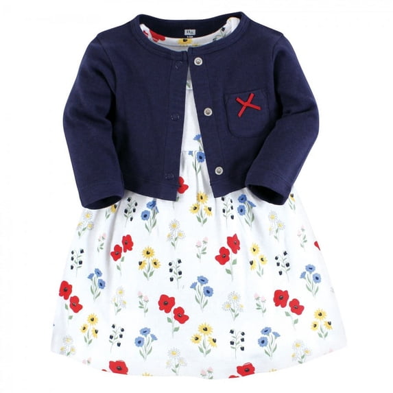 Hudson Baby Baby and Toddler Girl Cotton Dress and Cardigan Set, Wildflower, 18-24 Months