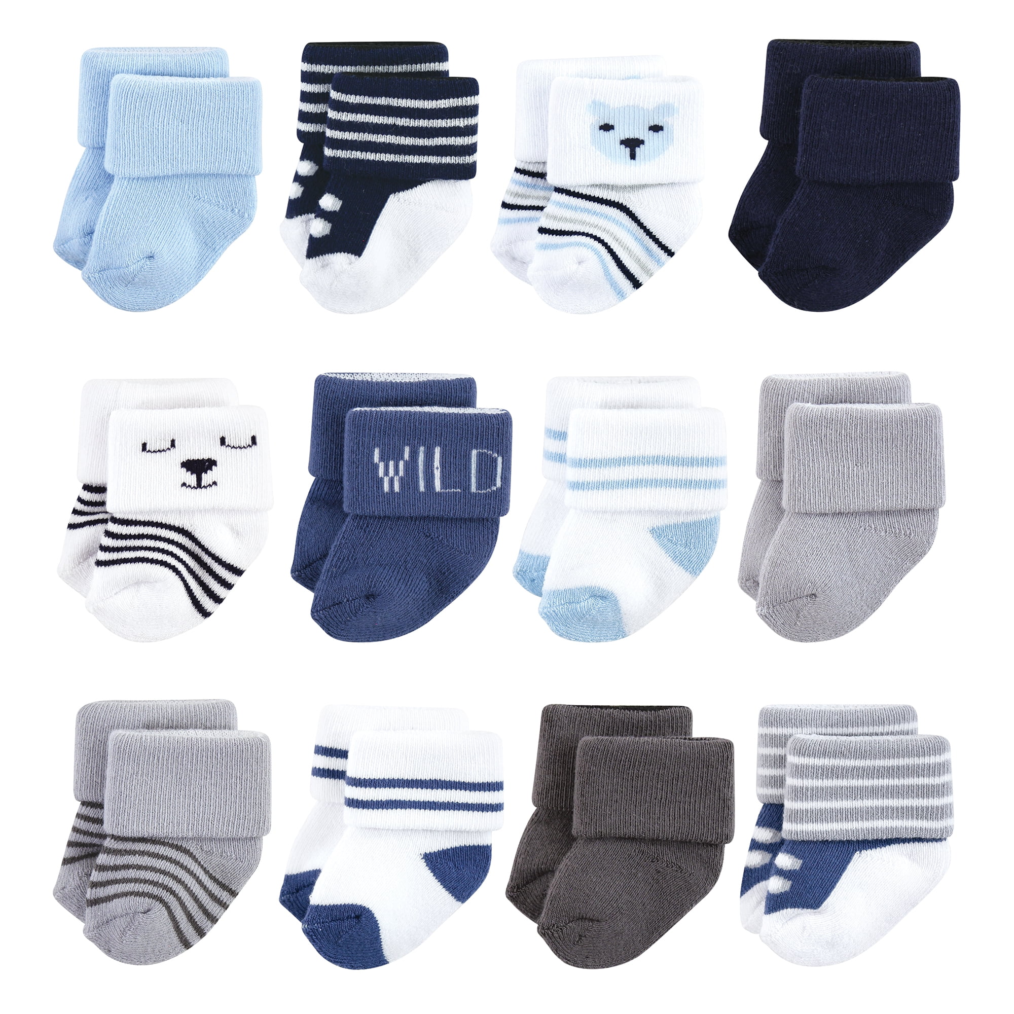 Hudson Baby Basics Infant Baby Cozy Terry Baby Sock 12-Pack, Cuddly Cub, 6-12 Months