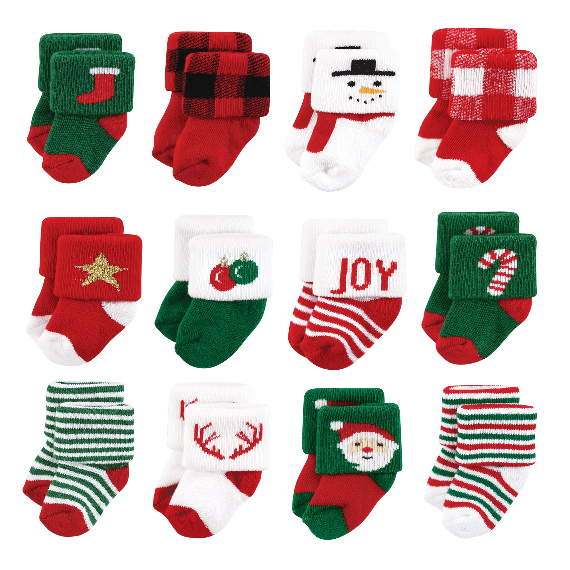 Hudson Baby Basics Infant Baby Cozy Terry Baby Sock 12-Pack, Festive Santa, 6-12 Months