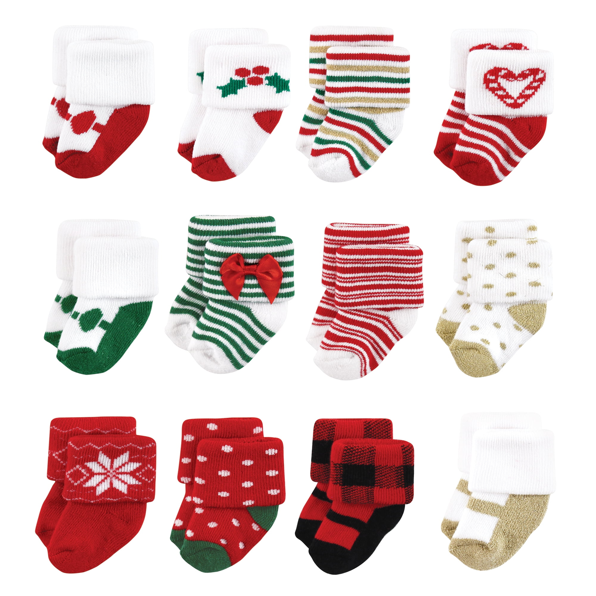 Hudson Baby Basics Infant Baby Cozy Terry Baby Sock 12-Pack, Holiday Cheer, 12-24 Months