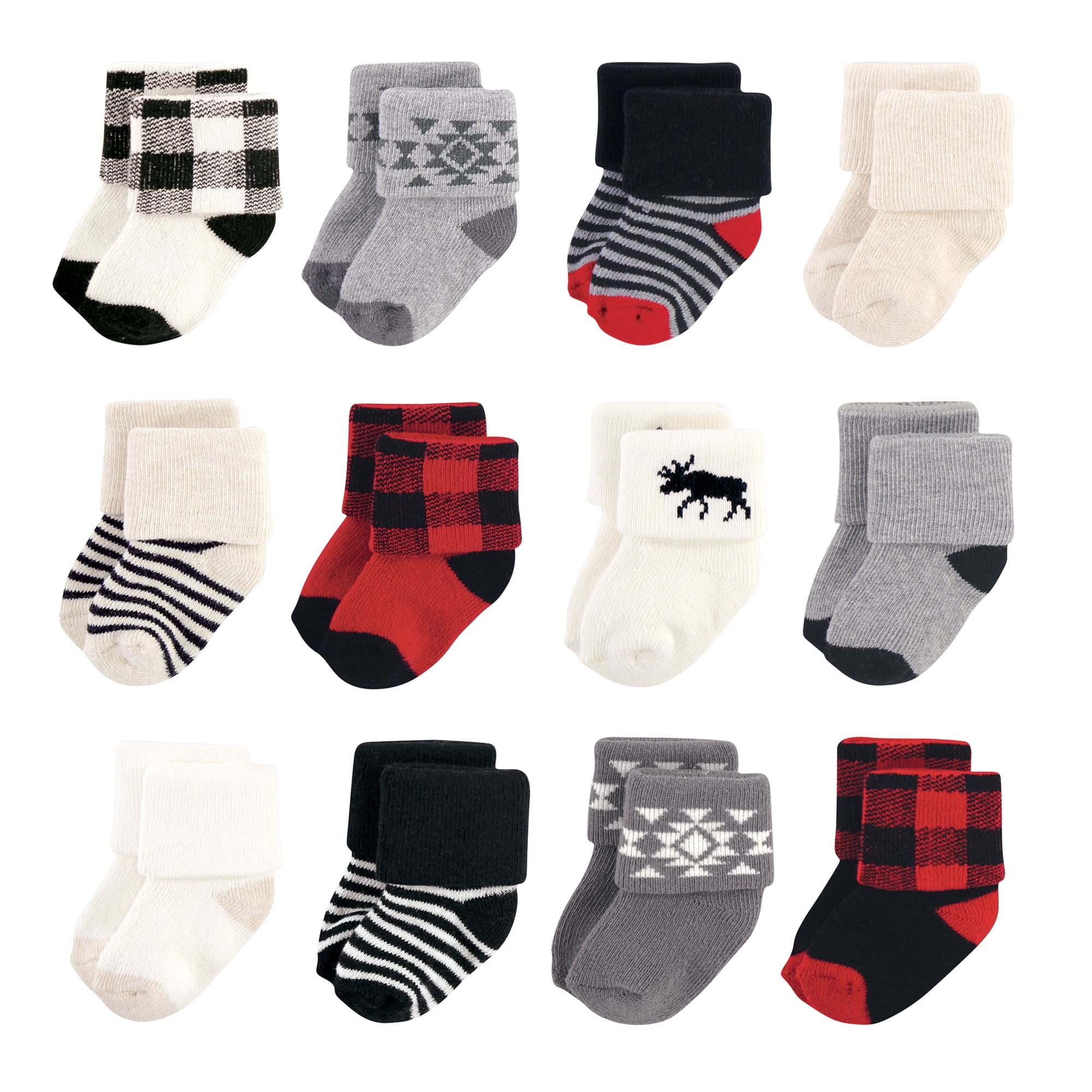 Hudson Baby Basics Infant Baby Cozy Terry Baby Sock 12-Pack, Lumberjack Moose, 6-12 Months