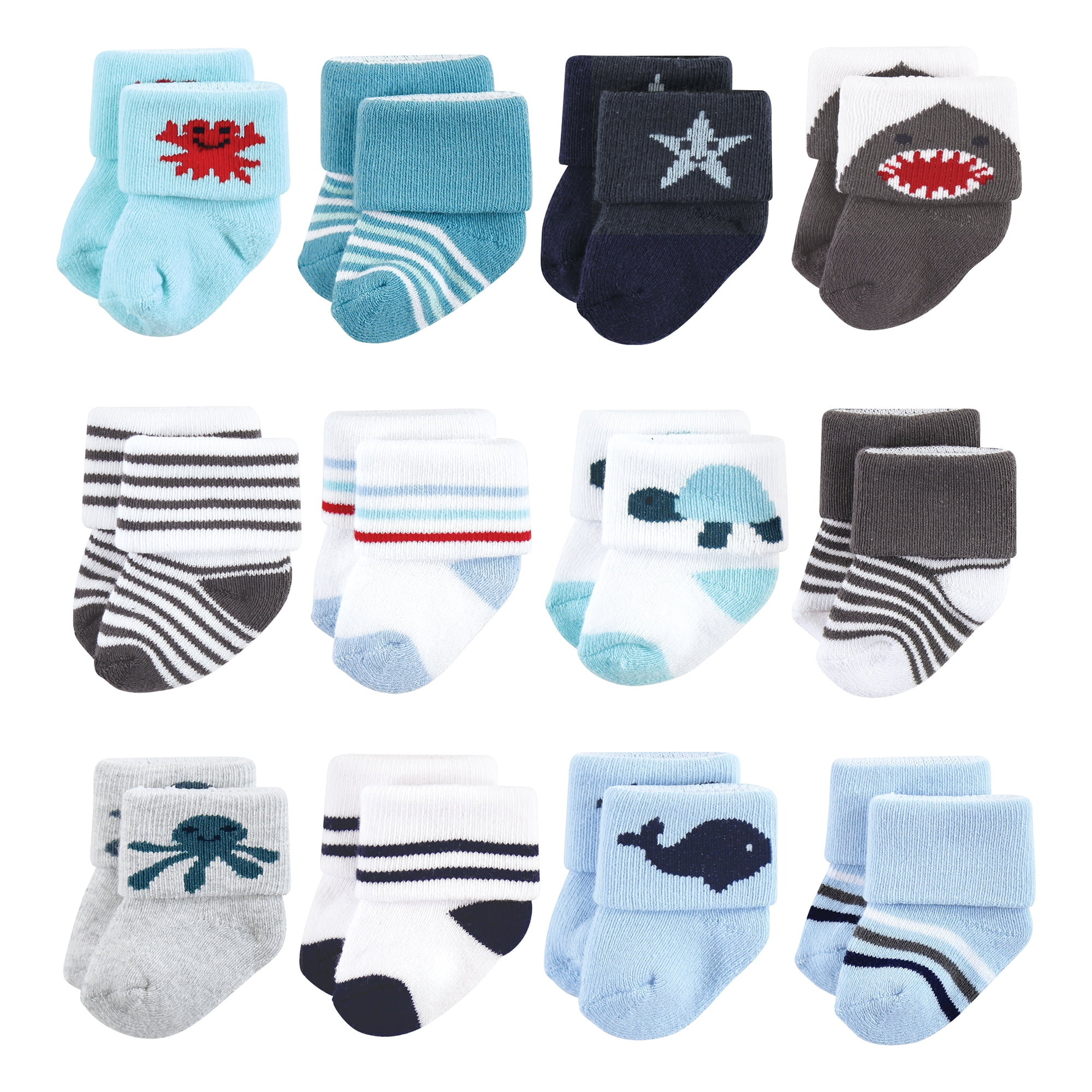 Hudson Baby Basics Infant Baby Cozy Terry Baby Sock 12-Pack, Ocean Playtime, 6-12 Months