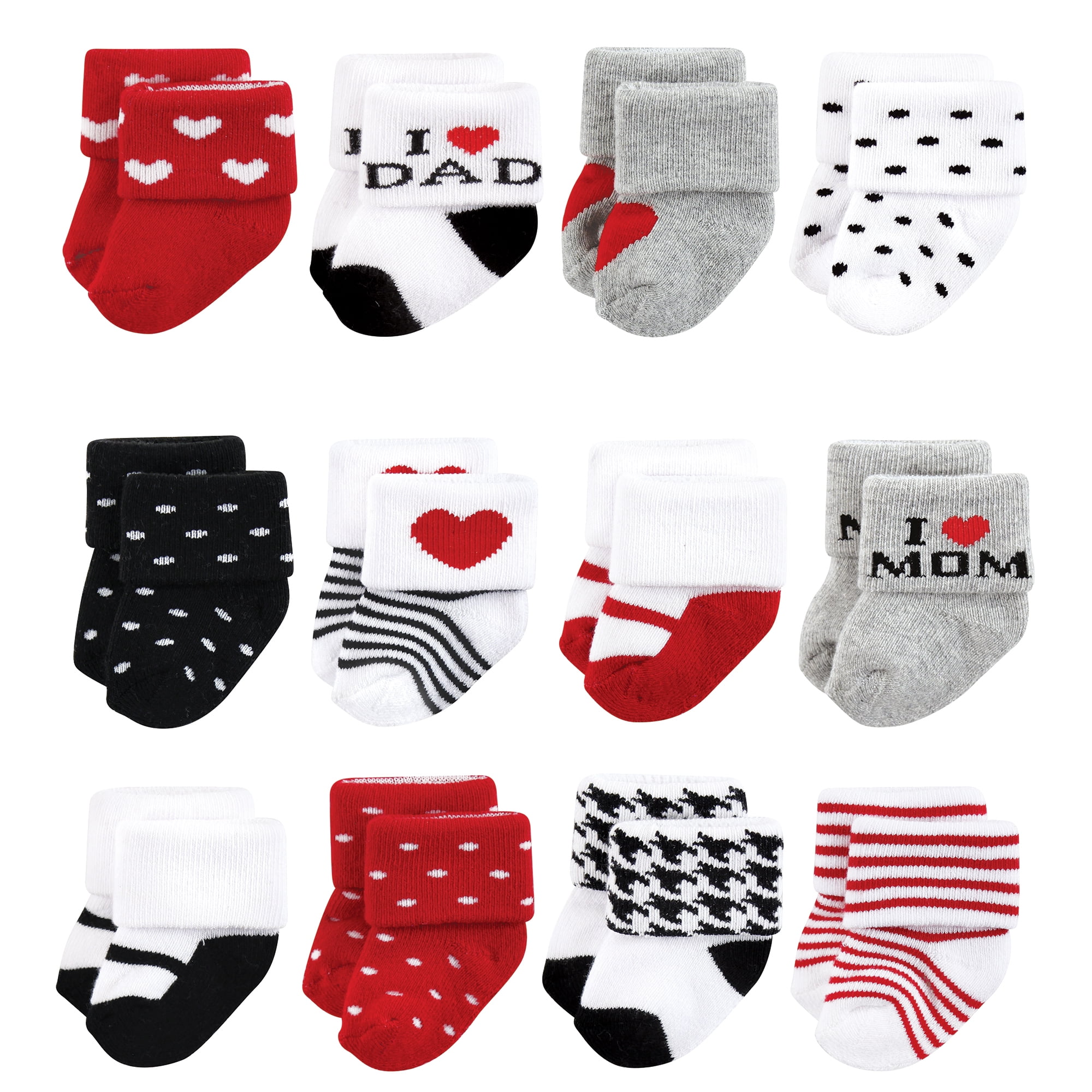 Hudson Baby Basics Infant Baby Cozy Terry Baby Sock 12-Pack, Ruby and Jet Hearts, 6-12 Months