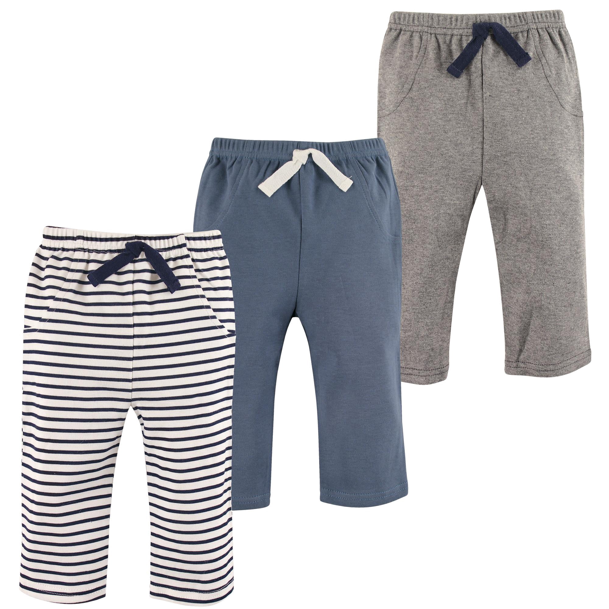 Hudson Baby Basics Infant Baby Everyday Cotton Pants 3-Pack, Oceanic Stripes, 6-9 Months