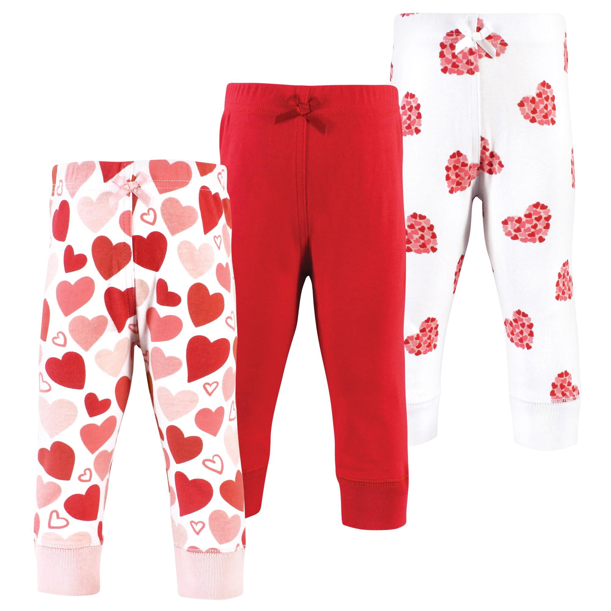 Hudson Baby Basics Infant Baby Everyday Cotton Pants 3-Pack, Rosy Hearts, 3T