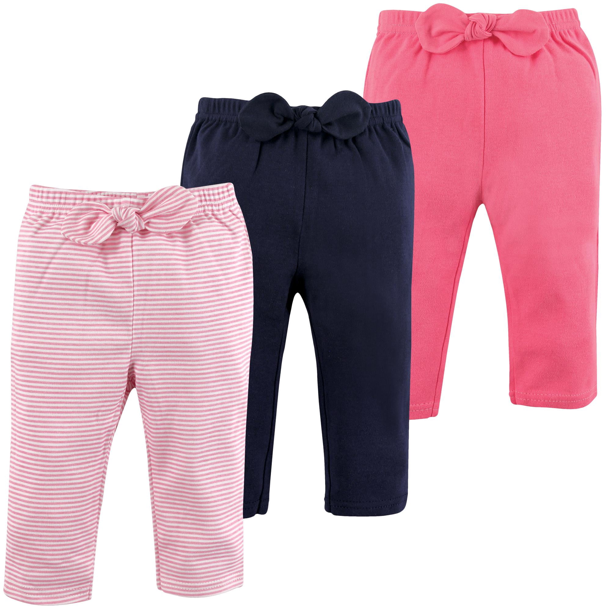 Hudson Baby Basics Infant Baby Everyday Cotton Pants 3-Pack, Rosy Ribbons, 3-6 Months