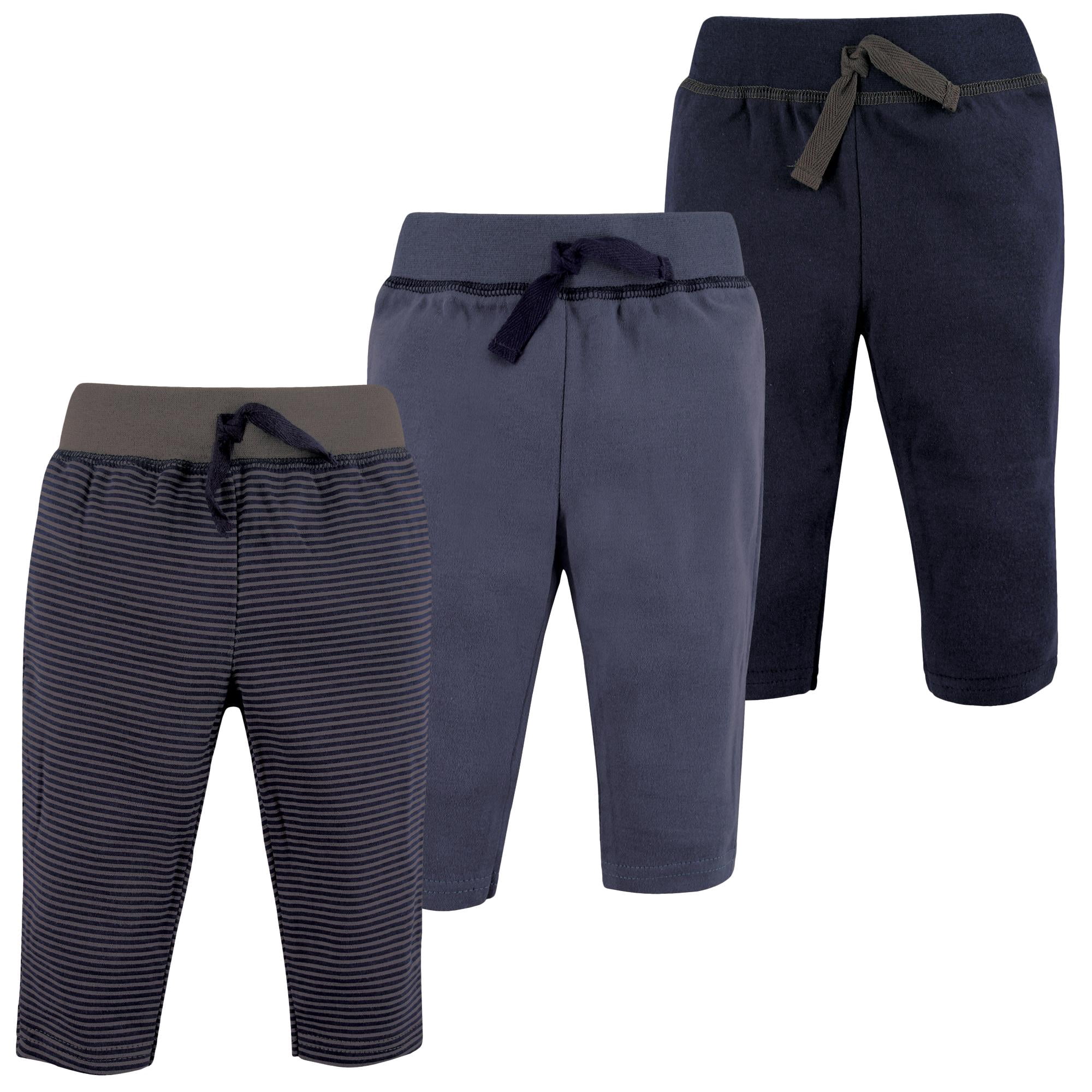 Hudson Baby Basics Infant Baby Everyday Cotton Pants 3-Pack, Shadow Stripes, 6-9 Months