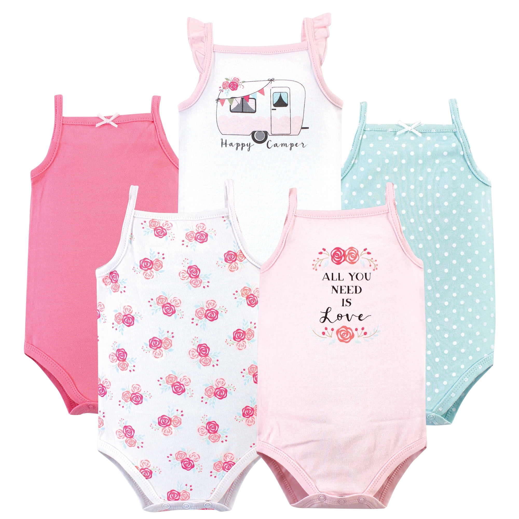 Hudson Baby Basics Infant Baby Sleeveless Baby Bodysuits 5-Pack, Cheerful Explorer, 0-3 Months
