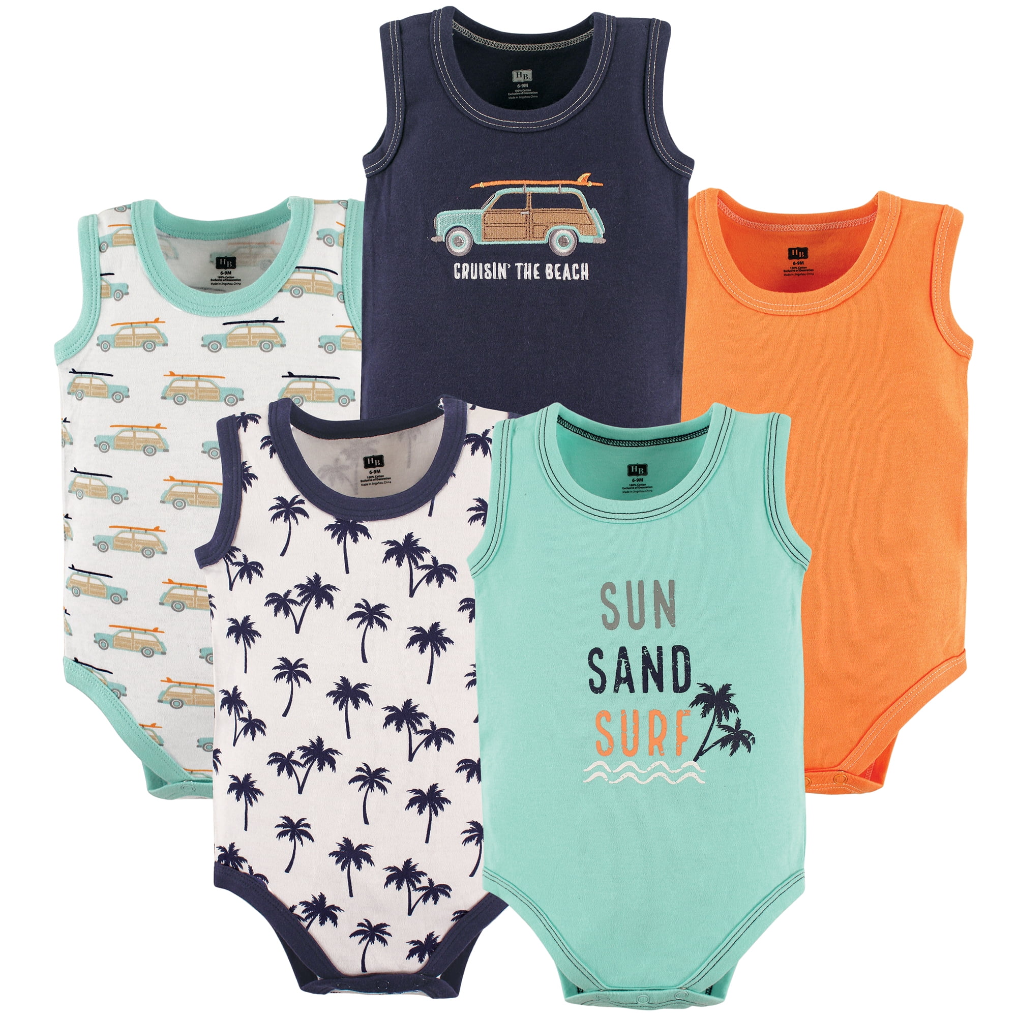 Hudson Baby Basics Infant Baby Sleeveless Baby Bodysuits 5-Pack, Coastal Cruiser, 0-3 Months
