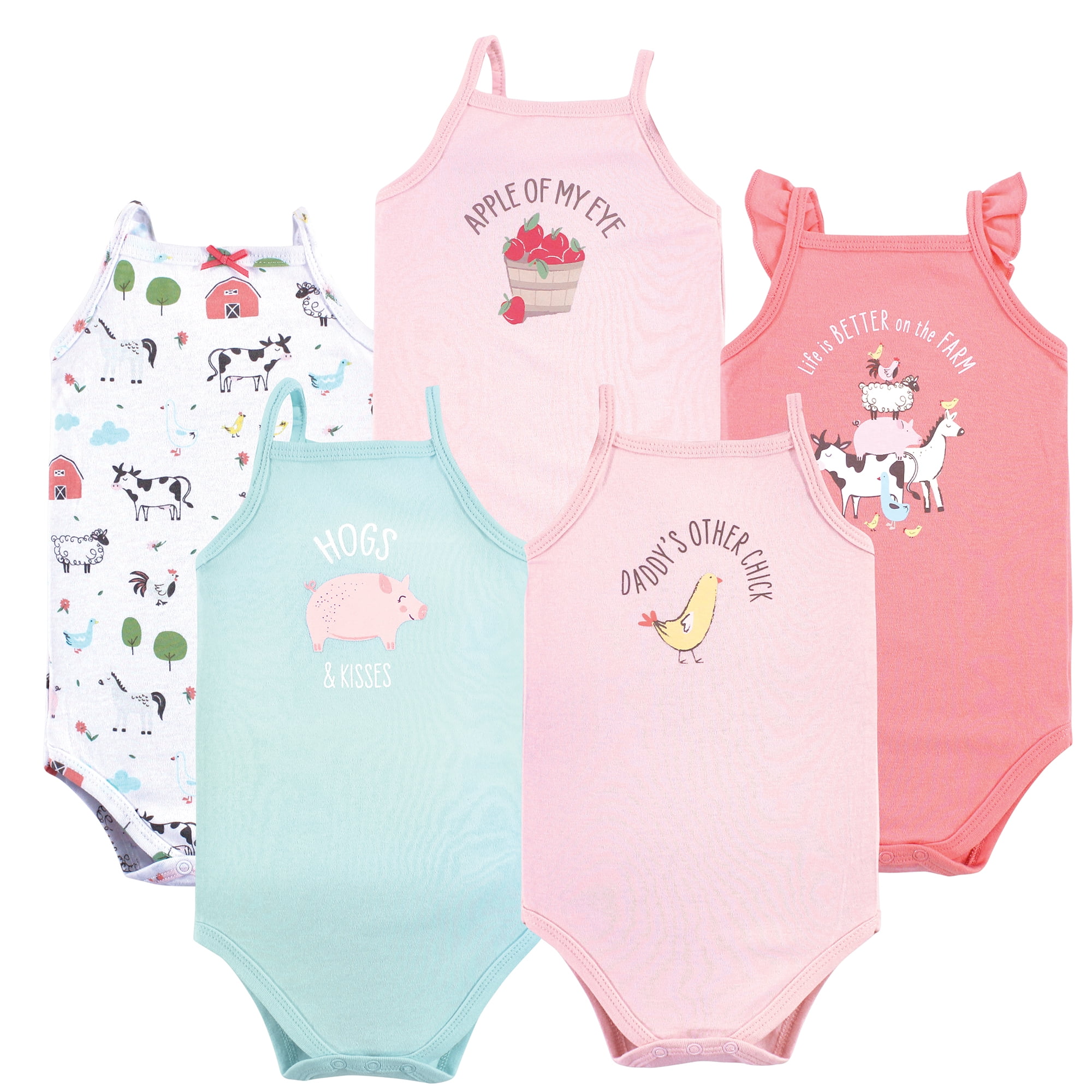 Hudson Baby Basics Infant Baby Sleeveless Baby Bodysuits 5-Pack, Farmyard Fun, 12-18 Months