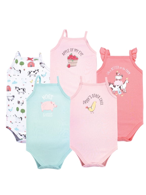 Basics Infant Baby Sleeveless Baby Bodysuits 5-Pack, Farmyard Fun, 6-9 Months