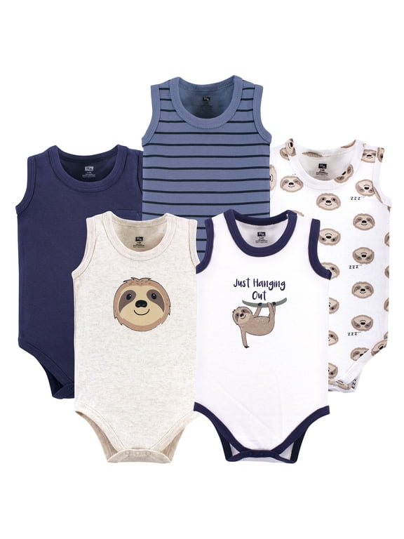 Basics Infant Baby Sleeveless Baby Bodysuits 5-Pack, Lazy Sloth, 9-12 Months