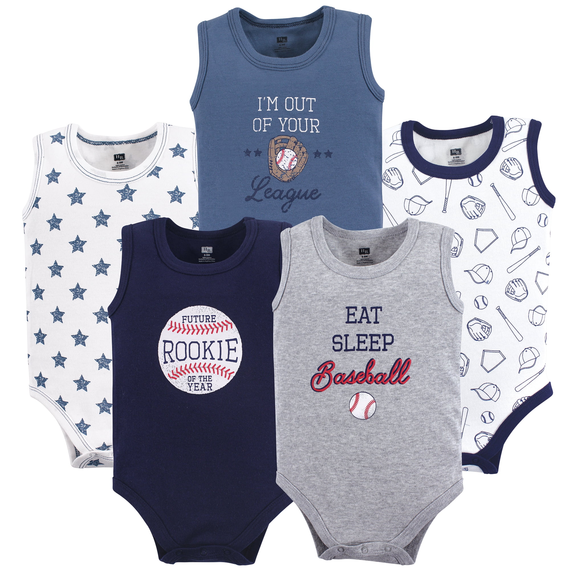 Hudson Baby Basics Infant Baby Sleeveless Baby Bodysuits 5-Pack, Little Leaguer, 6-9 Months
