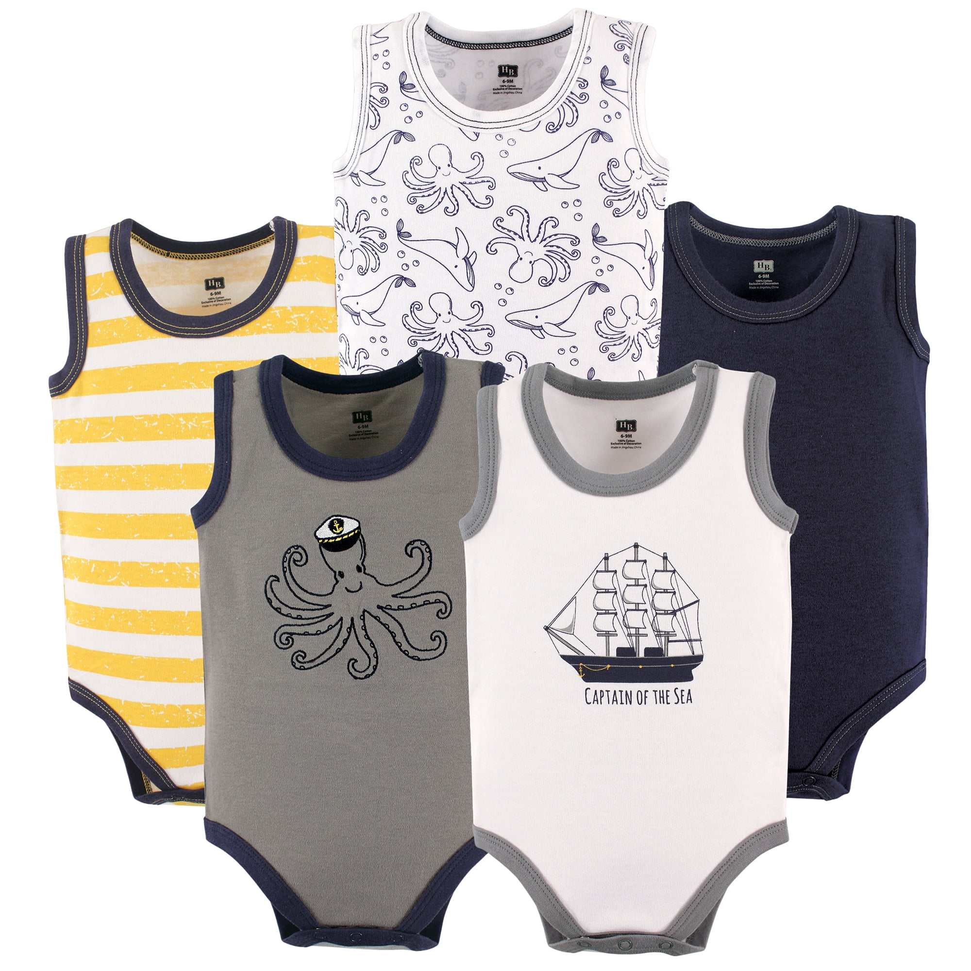 Hudson Baby Basics Infant Baby Sleeveless Baby Bodysuits 5-Pack, Seafaring Harbor, 0-3 Months