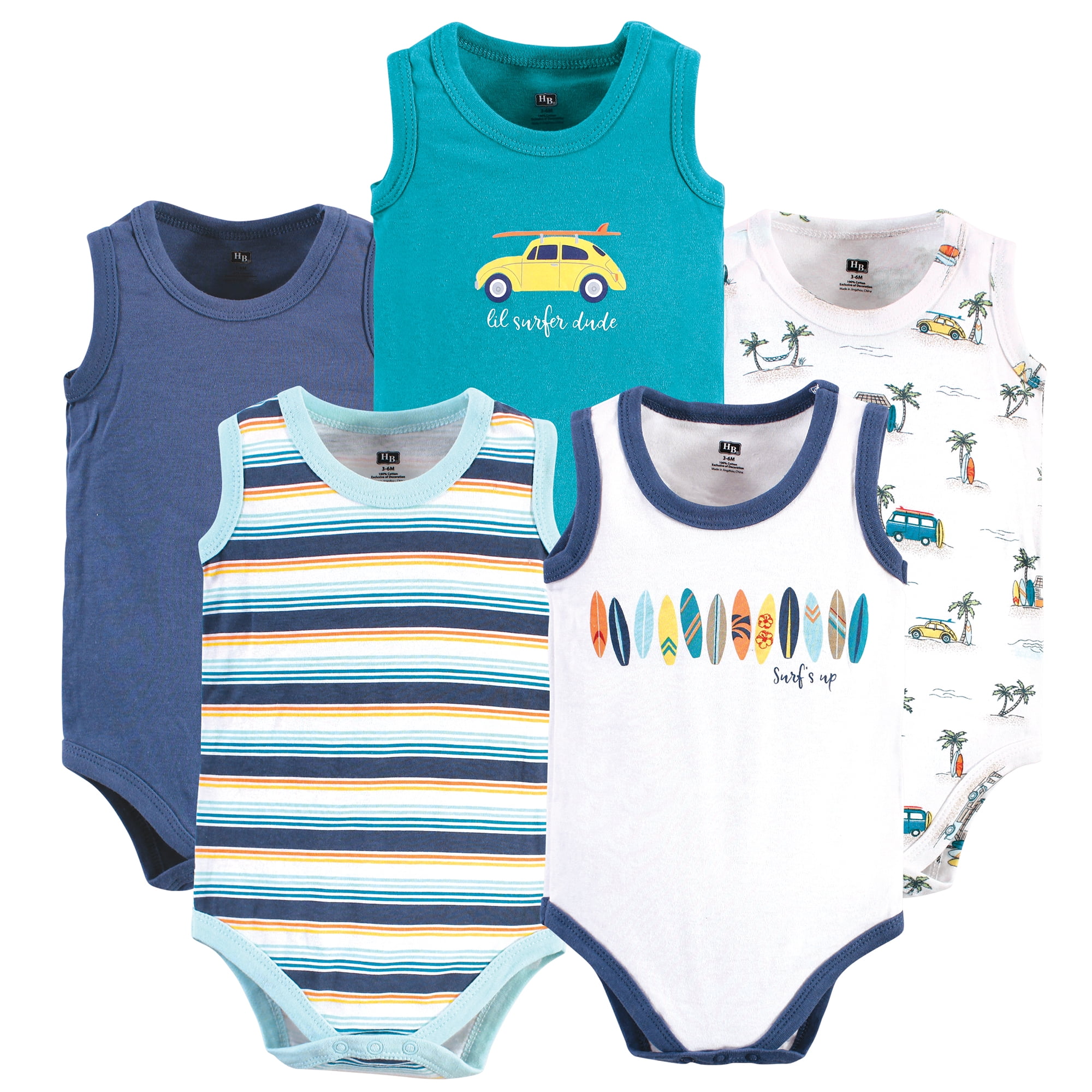 Hudson Baby Basics Infant Baby Sleeveless Baby Bodysuits 5-Pack, Surf Adventure, 3-6 Months