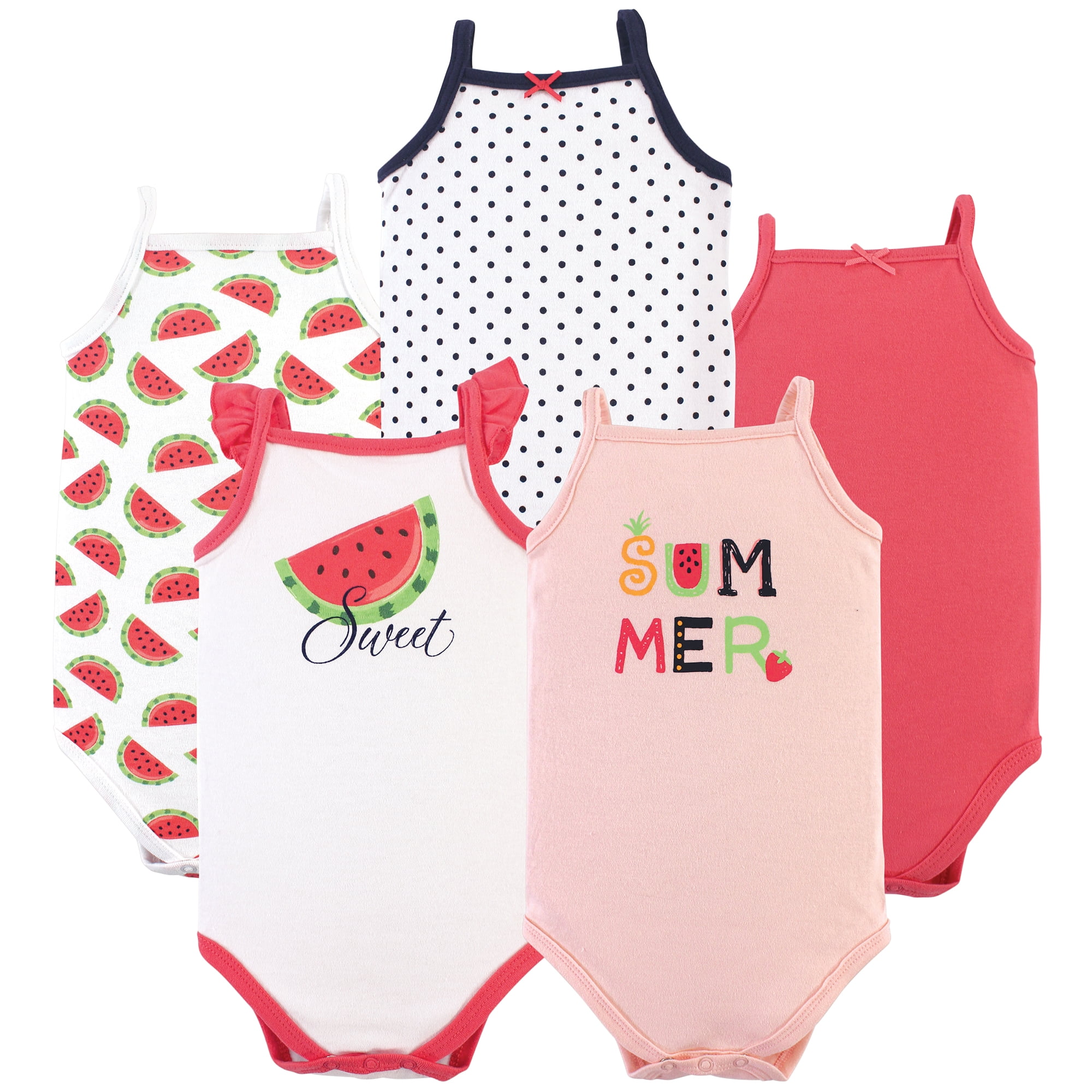 Hudson Baby Basics Infant Baby Sleeveless Baby Bodysuits 5-Pack, Sweet Melon, 0-3 Months