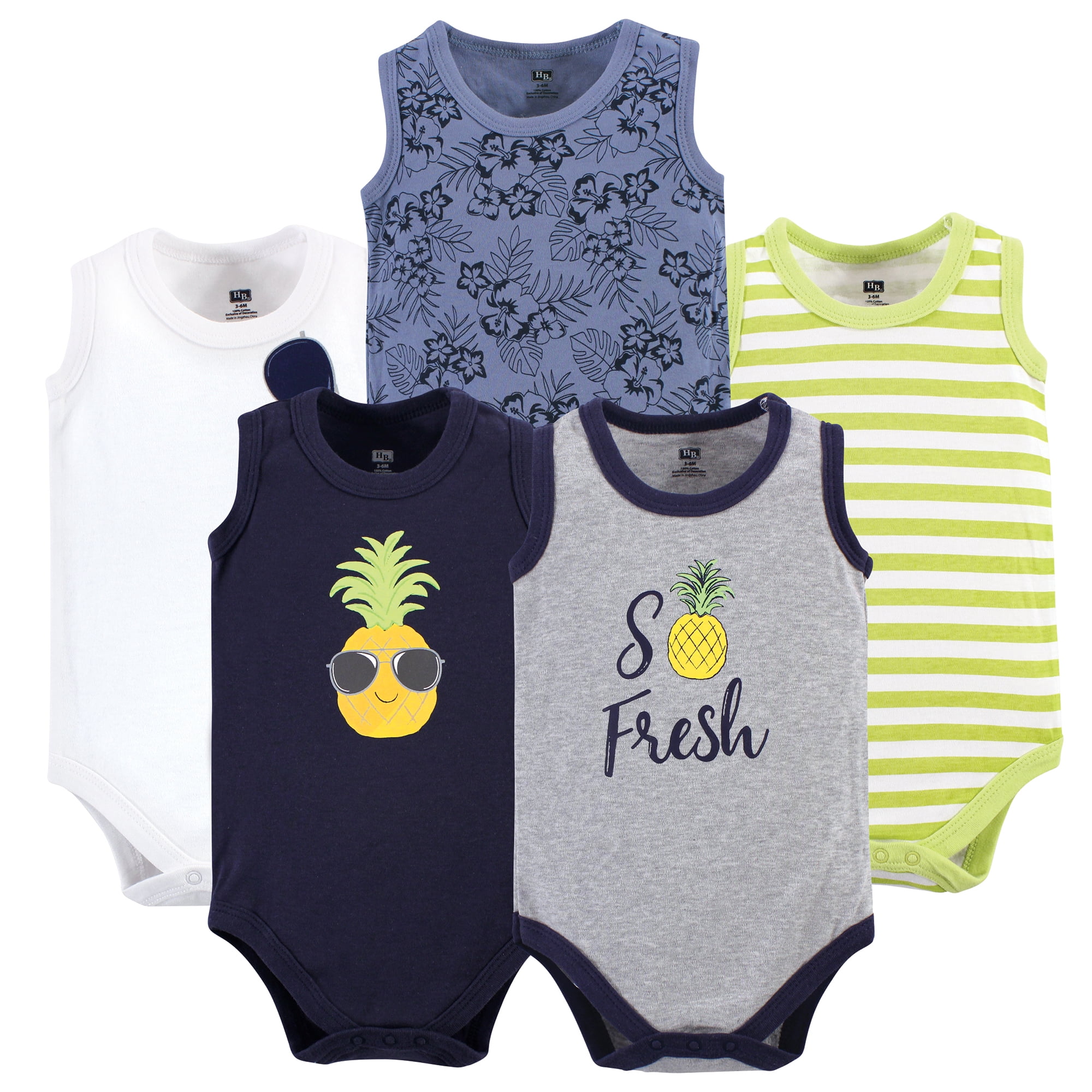 Hudson Baby Basics Infant Baby Sleeveless Baby Bodysuits 5-Pack, Tropical Pineapple, 12-18 Months