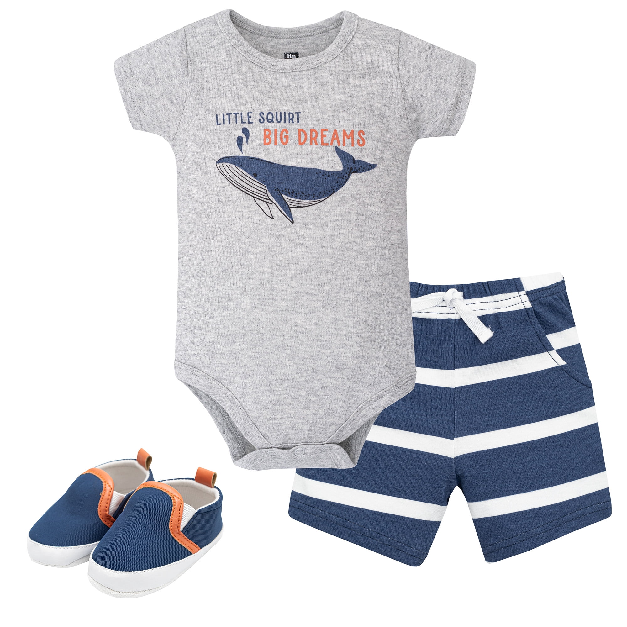 Hudson Baby Boy Cotton Bodysuit, Shorts and Shoe Set, Big Dreams Whale, 0-3 Months