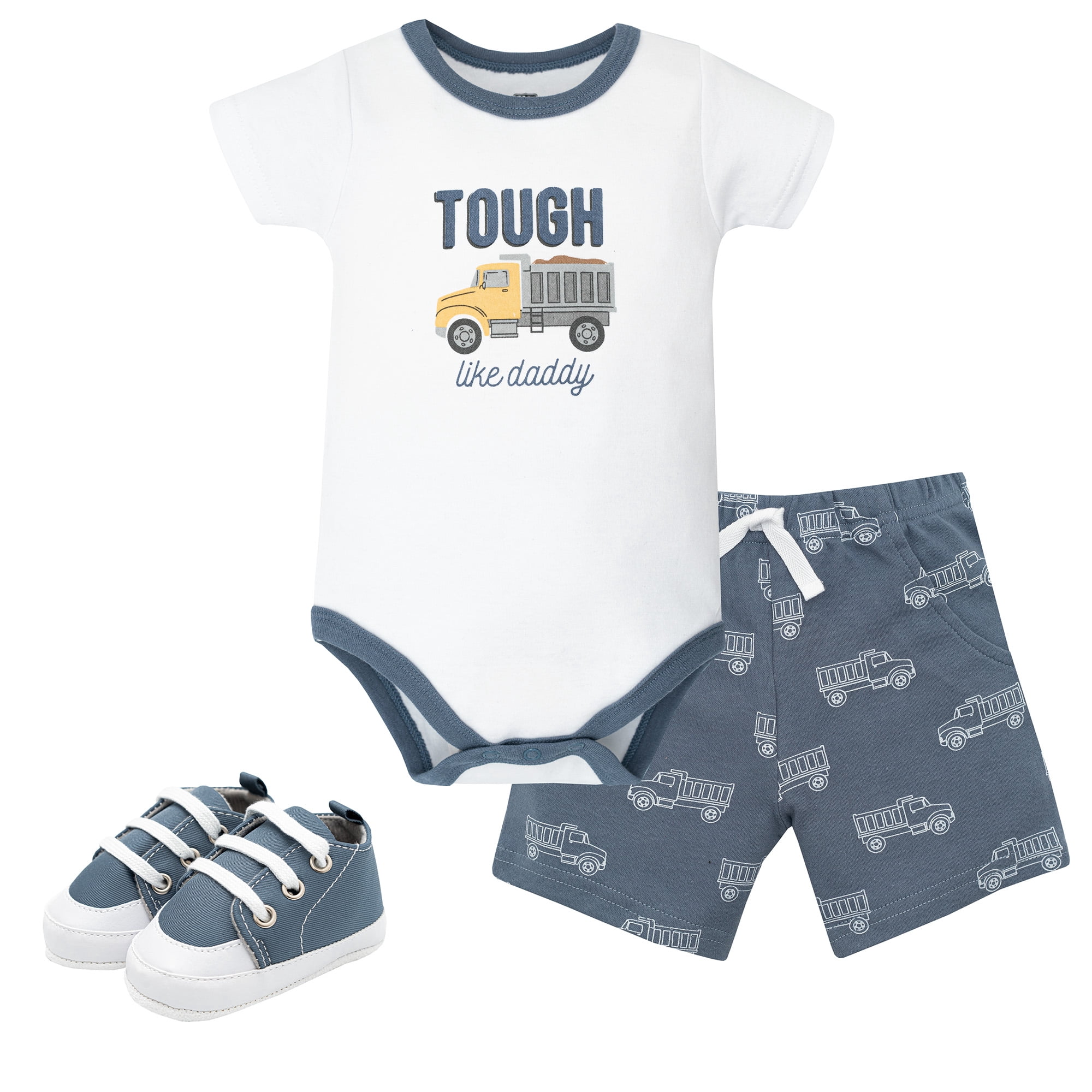 Hudson Baby Boy Cotton Bodysuit, Shorts and Shoe Set, Blue Construction Truck, 6-9 Months