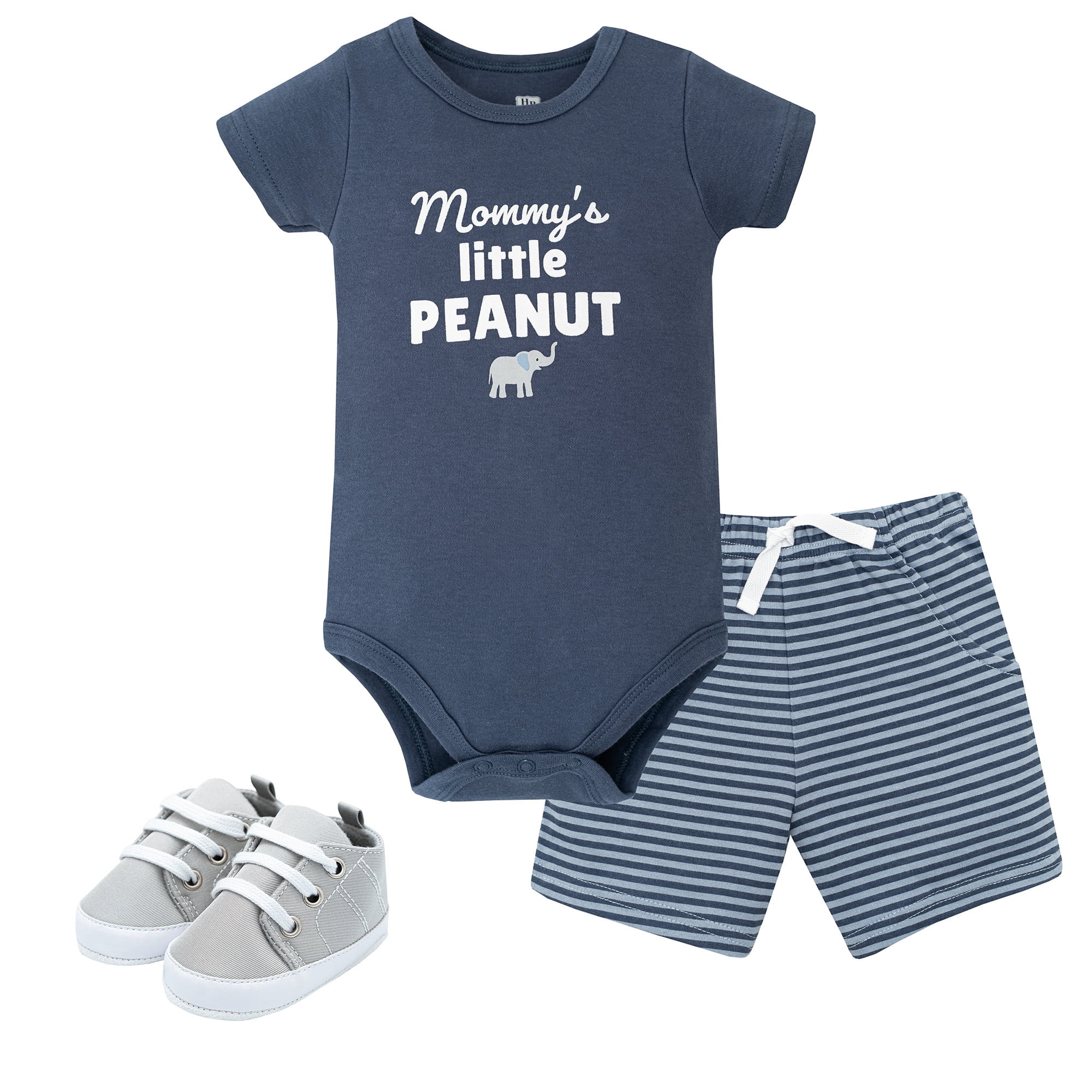 Hudson Baby Boy Cotton Bodysuit, Shorts and Shoe Set, Blue Elephant Peanut, 0-3 Months