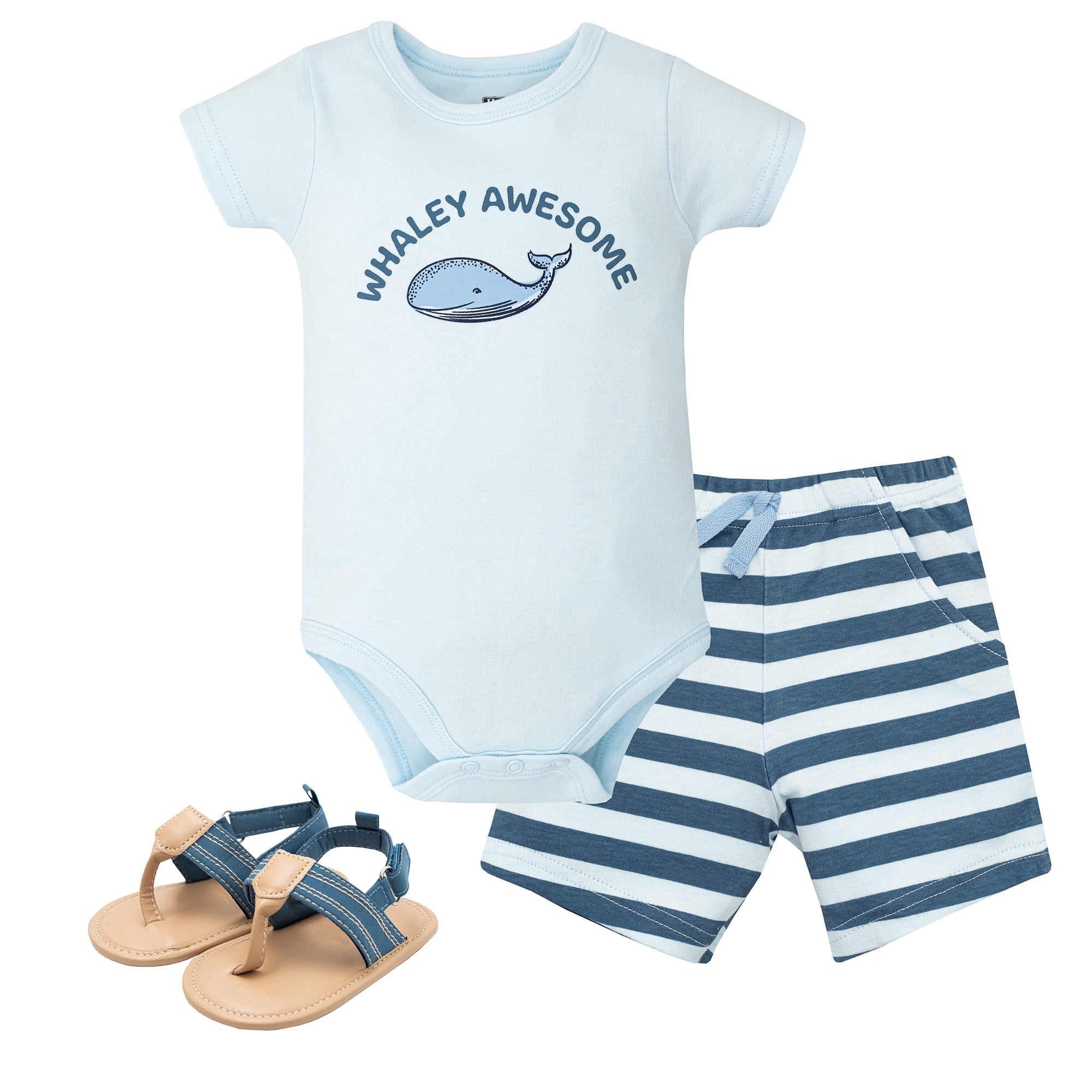 Hudson Baby Boy Cotton Bodysuit, Shorts and Shoe Set, Blue Whaley Awesome, 3-6 Months