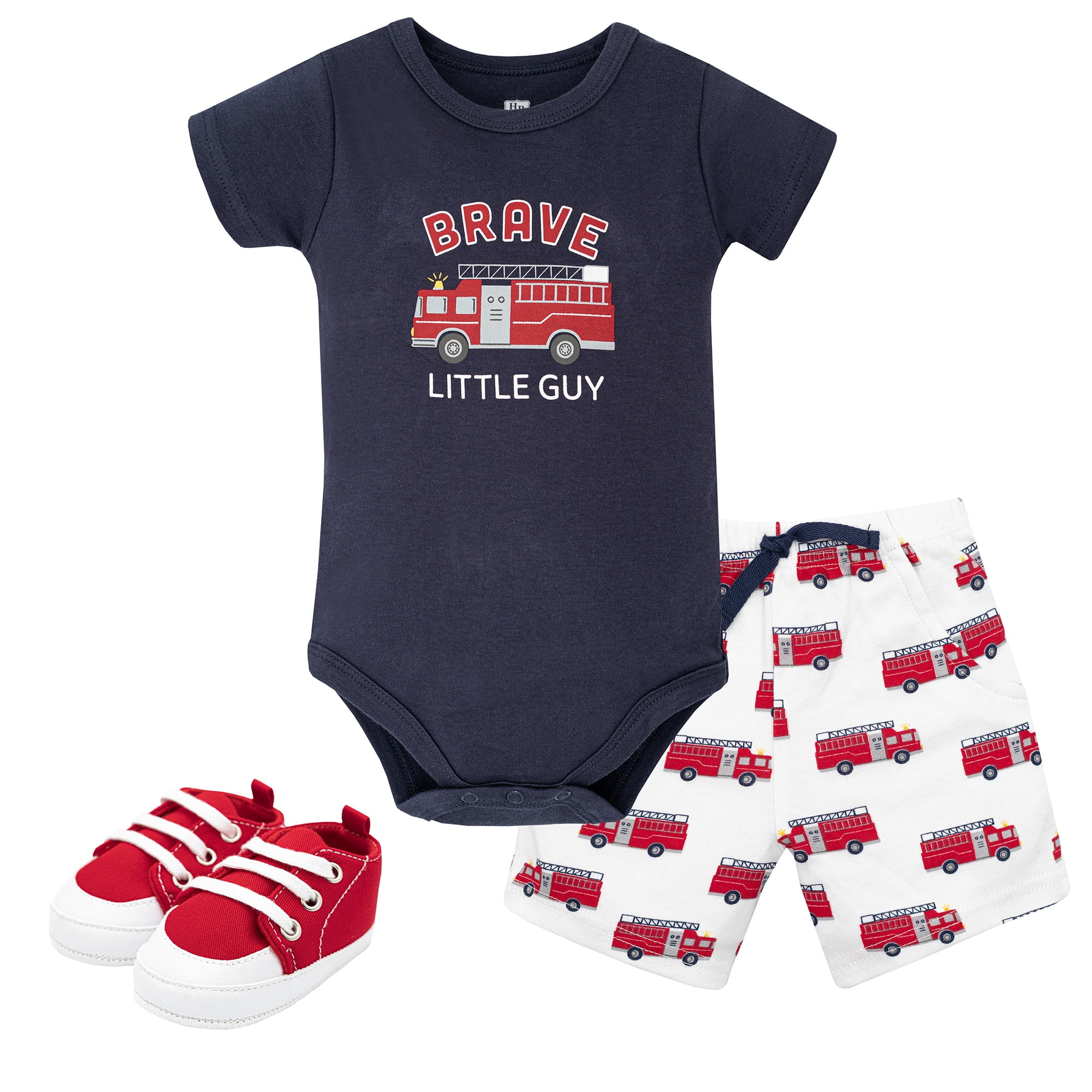 Hudson Baby Boy Cotton Bodysuit, Shorts and Shoe Set, Brave Firetruck, 9-12 Months