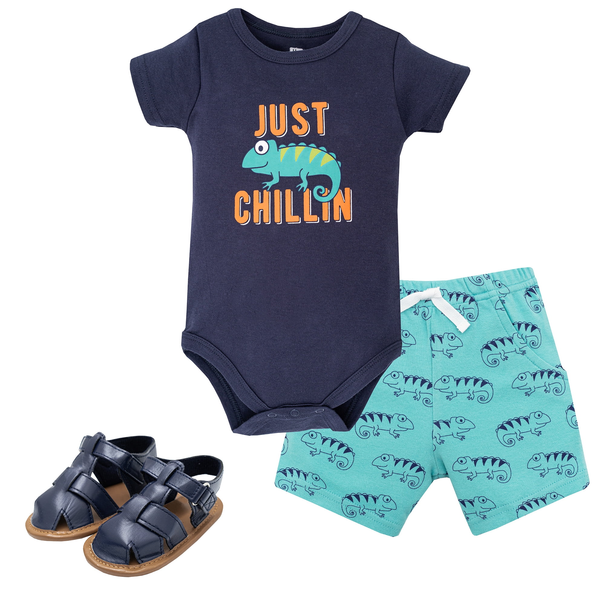 Hudson Baby Boy Cotton Bodysuit, Shorts and Shoe Set, Chameleon, 6-9 Months
