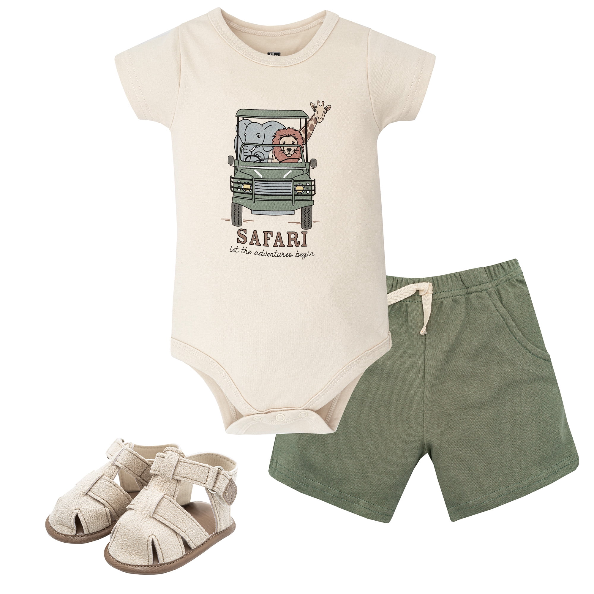 Hudson Baby Boy Cotton Bodysuit, Shorts and Shoe Set, Going On Safari, 9-12 Months