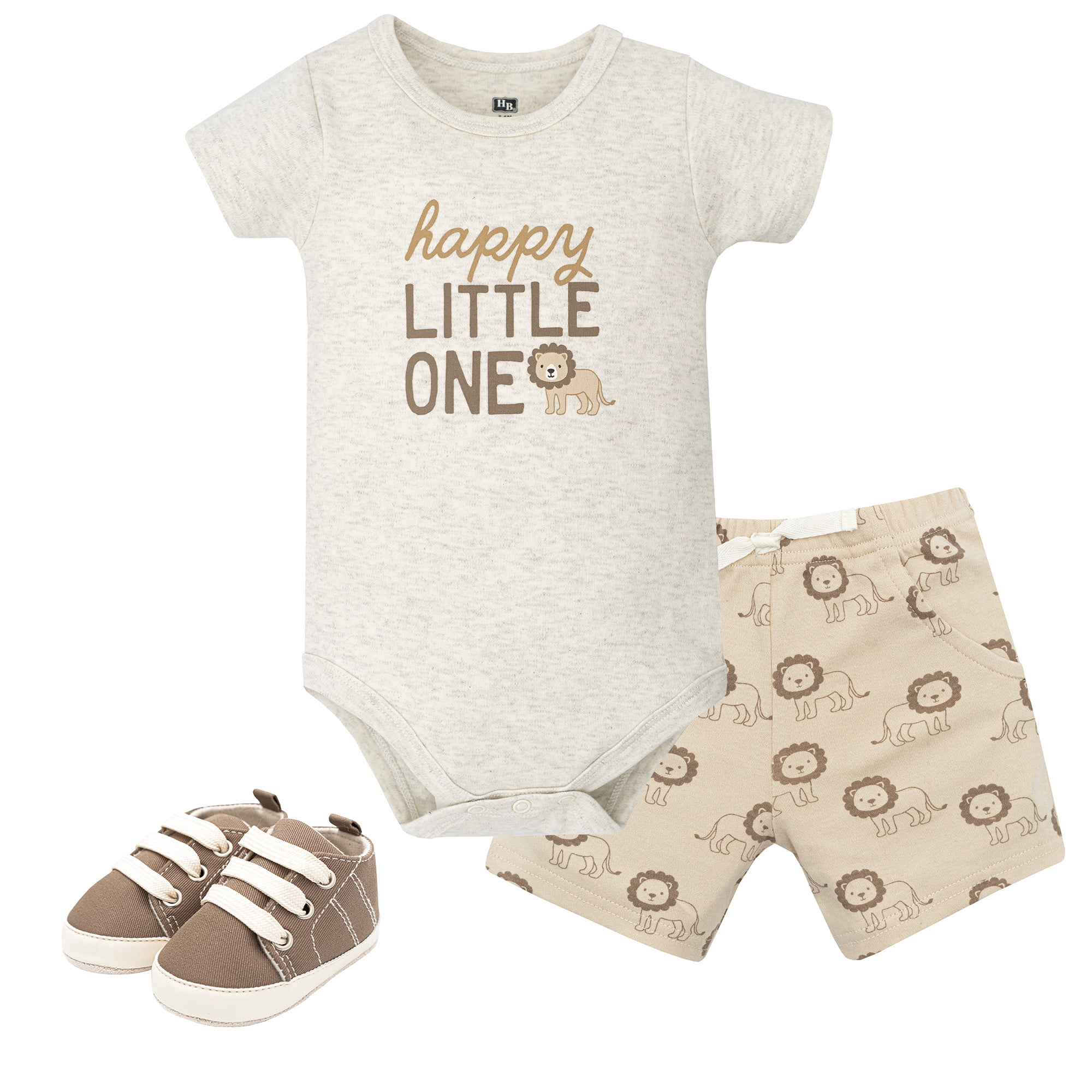 Hudson Baby Boy Cotton Bodysuit, Shorts and Shoe Set, Happy Little One Safari, 6-9 Months