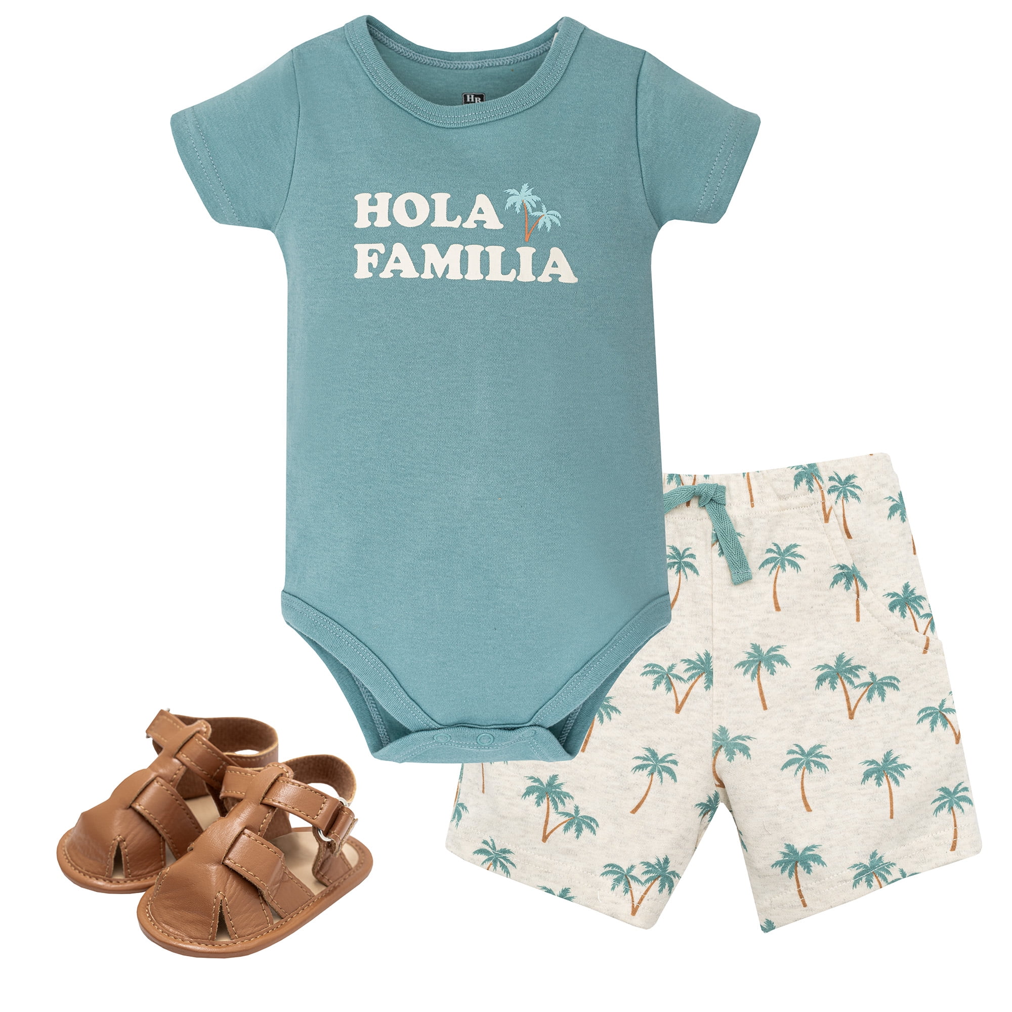 Hudson Baby Boy Cotton Bodysuit, Shorts and Shoe Set, Hola Familia, 6-9 Months