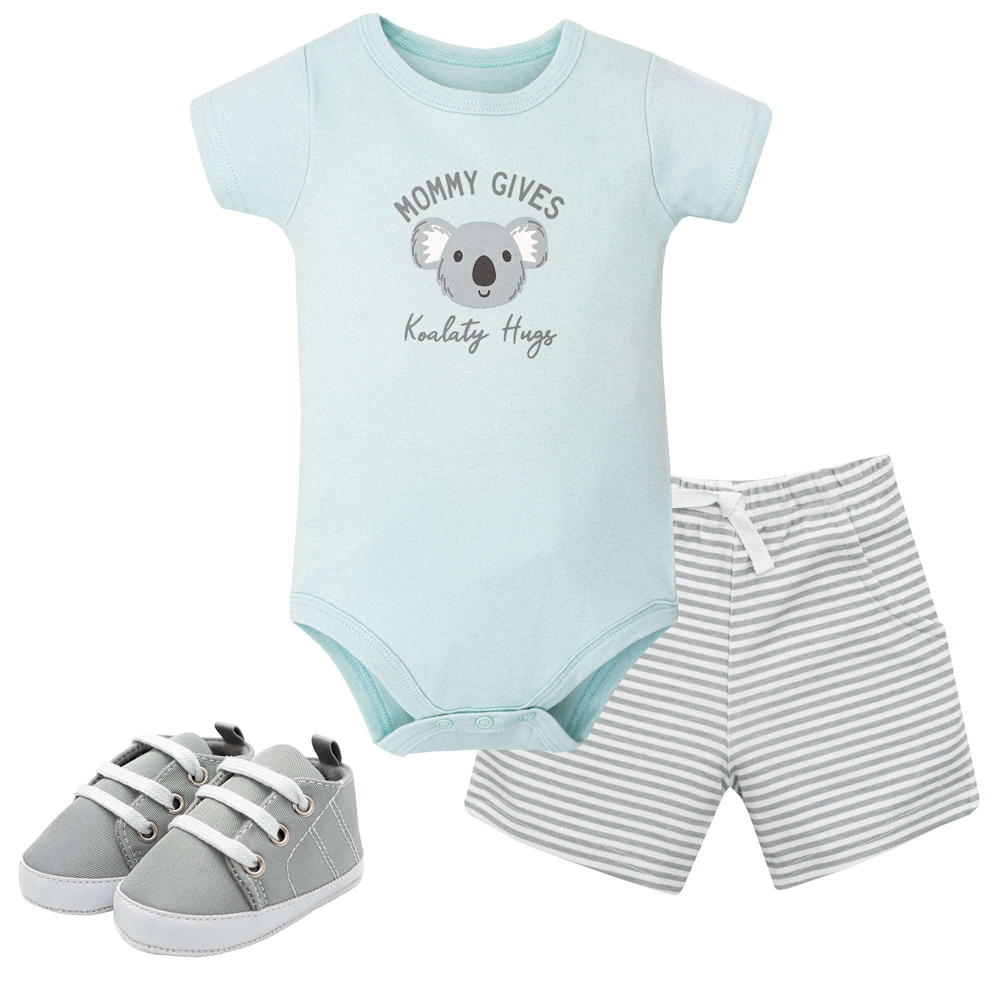 Hudson Baby Boy Cotton Bodysuit, Shorts and Shoe Set, Koala Hugs, 12-18 Months