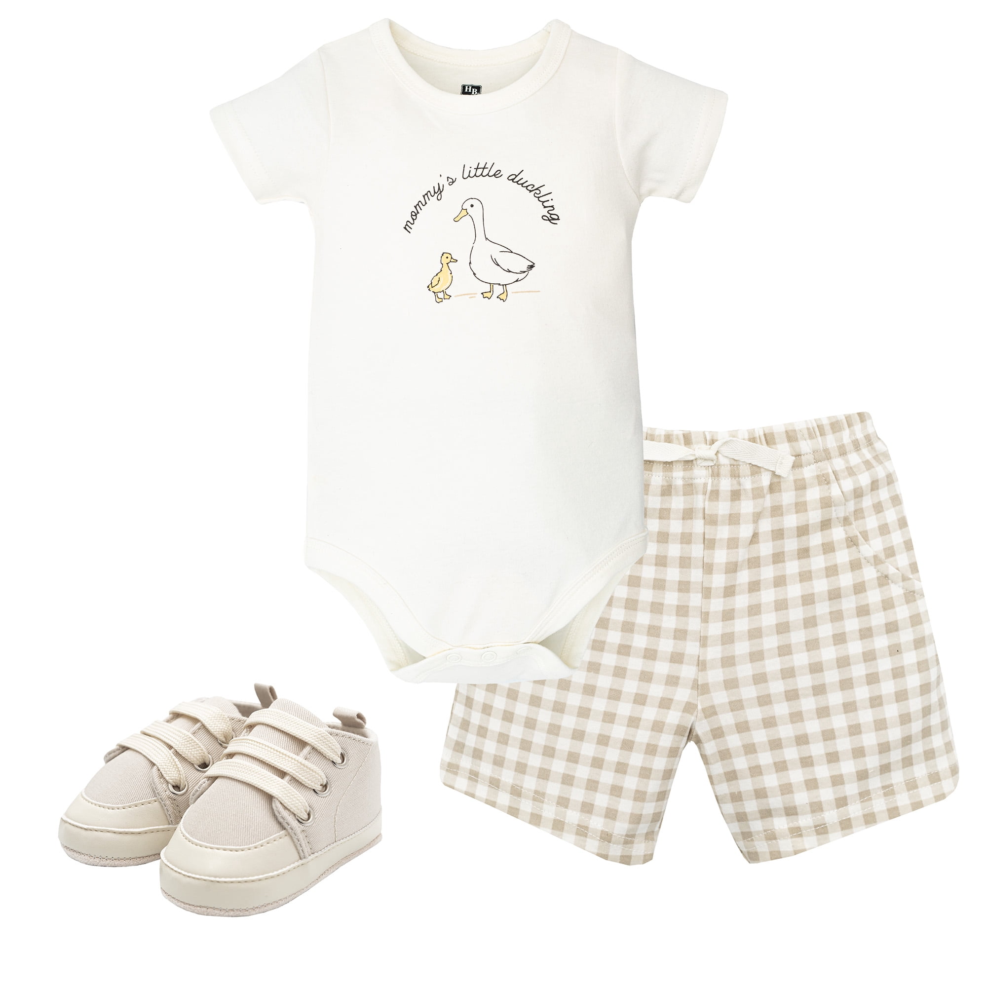 Hudson Baby Boy Cotton Bodysuit, Shorts and Shoe Set, Little Duckling, 3-6 Months
