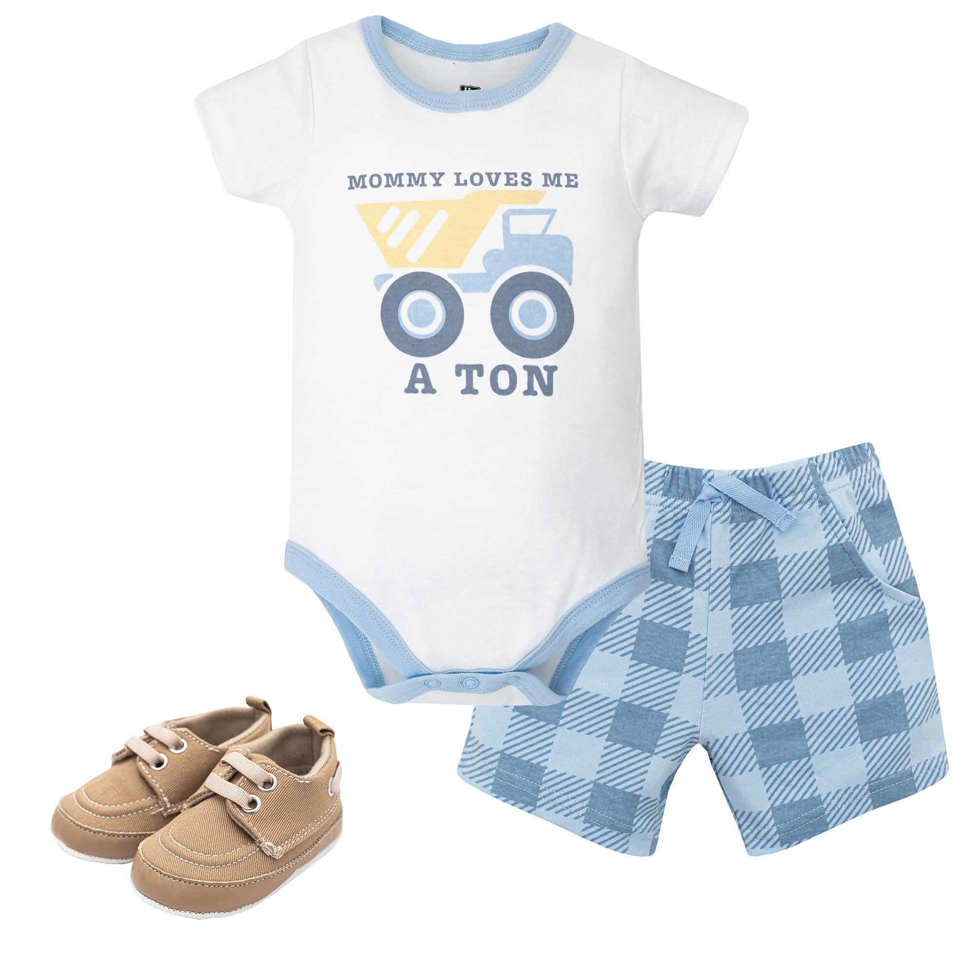 Hudson Baby Boy Cotton Bodysuit, Shorts and Shoe Set, Love Me A Ton, 0-3 Months