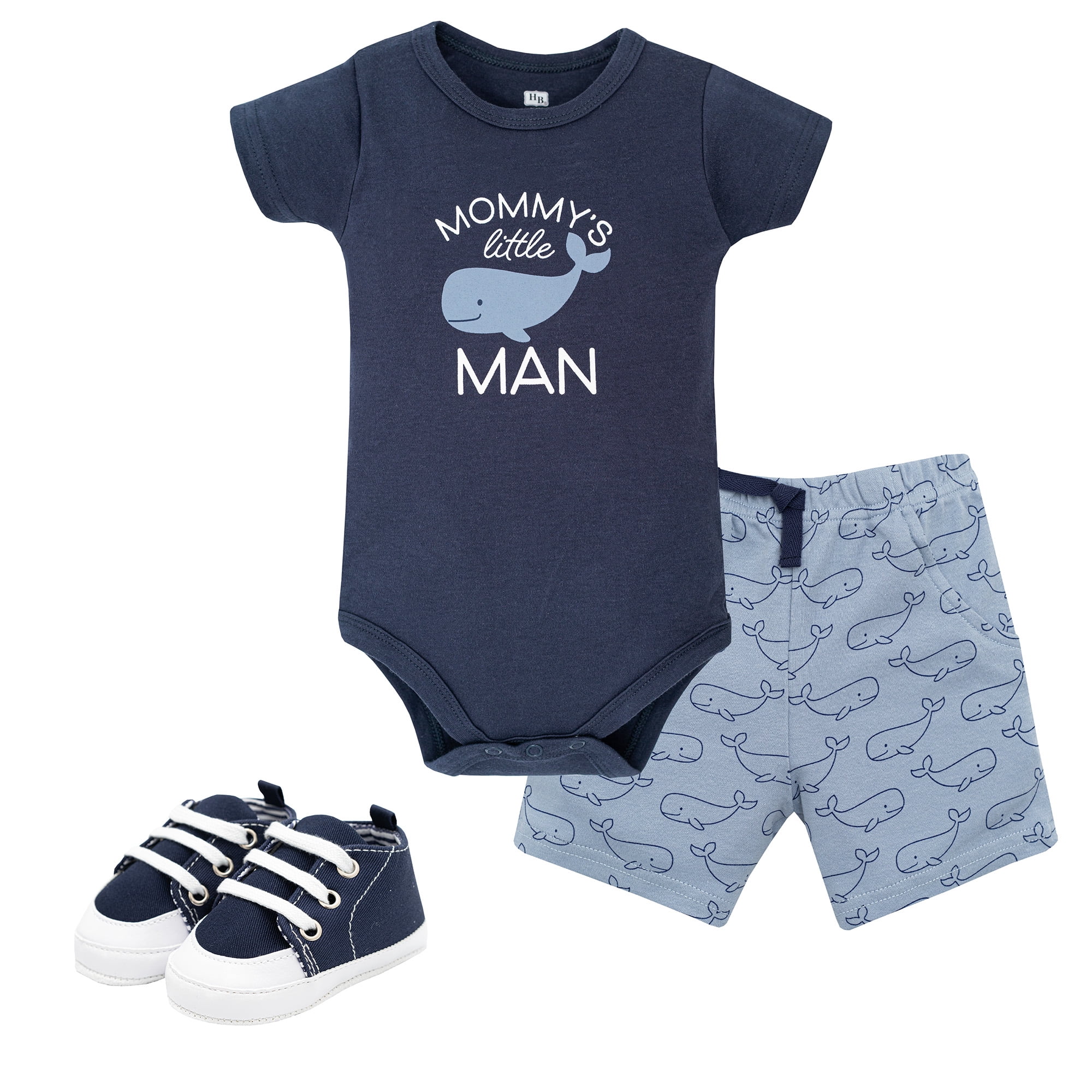 Hudson Baby Boy Cotton Bodysuit, Shorts and Shoe Set, Mommys Little Whale, 3-6 Months